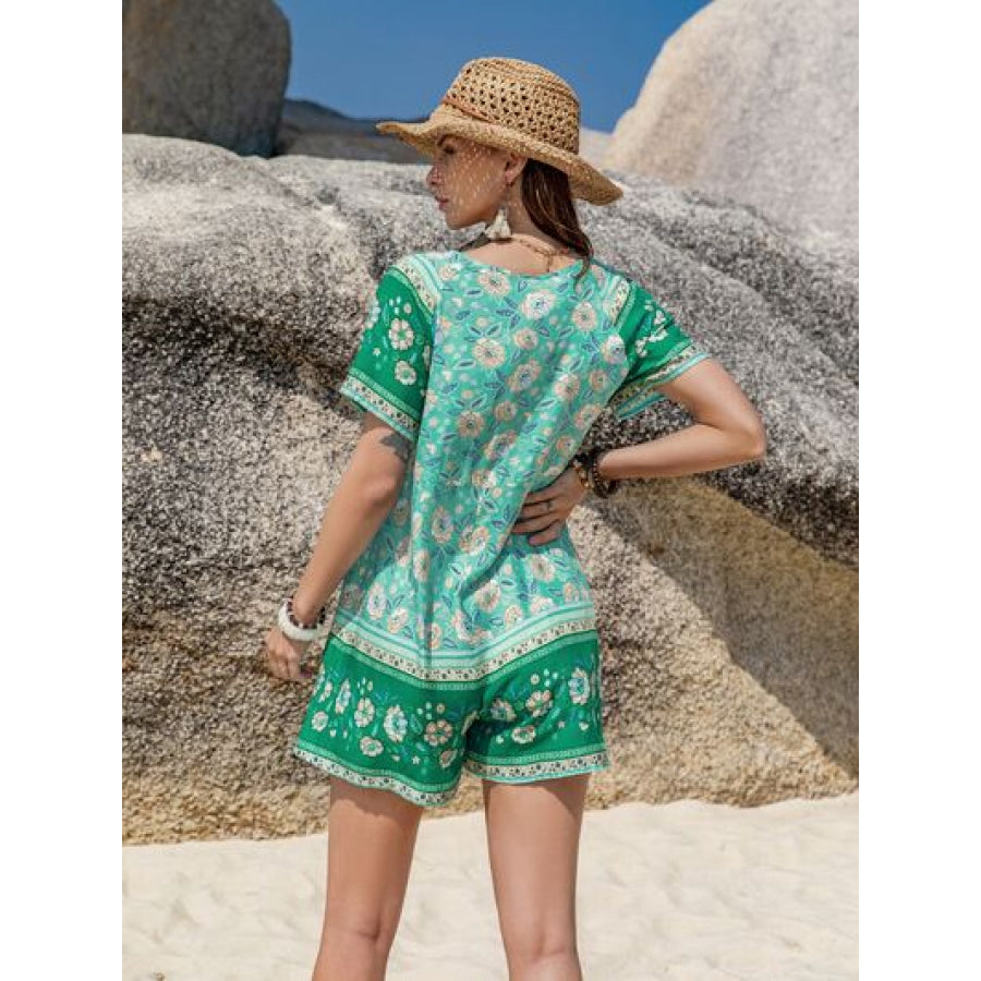 Tied Printed Short Sleeve Romper Apparel and Accessories