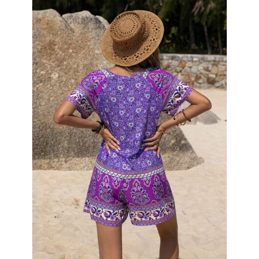 Tied Printed Short Sleeve Romper Apparel and Accessories