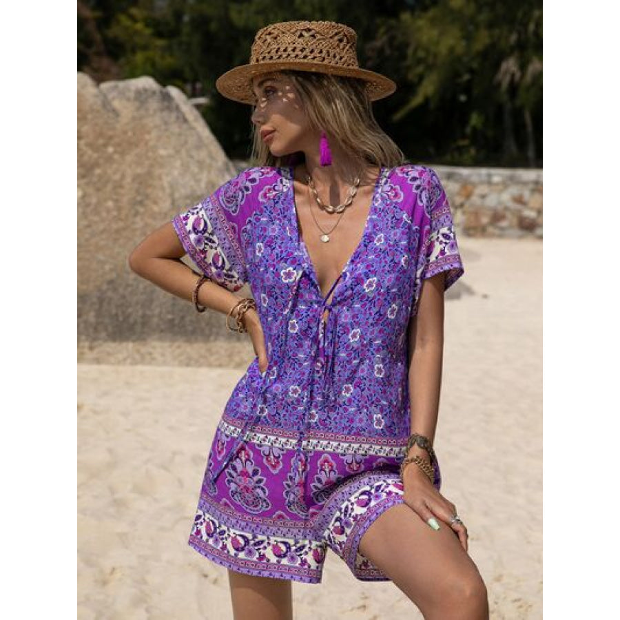 Tied Printed Short Sleeve Romper Apparel and Accessories