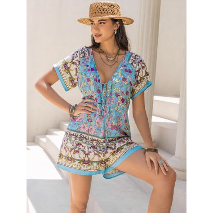 Tied Printed Short Sleeve Romper Apparel and Accessories