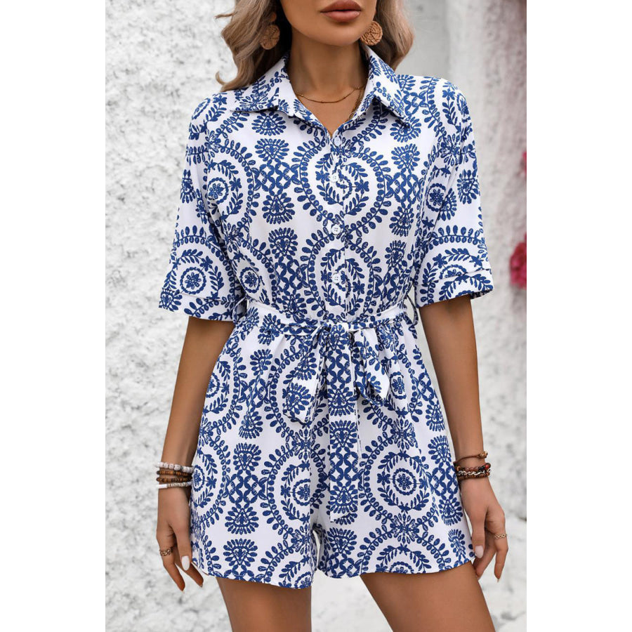 Tied Printed Short Sleeve Romper Apparel and Accessories