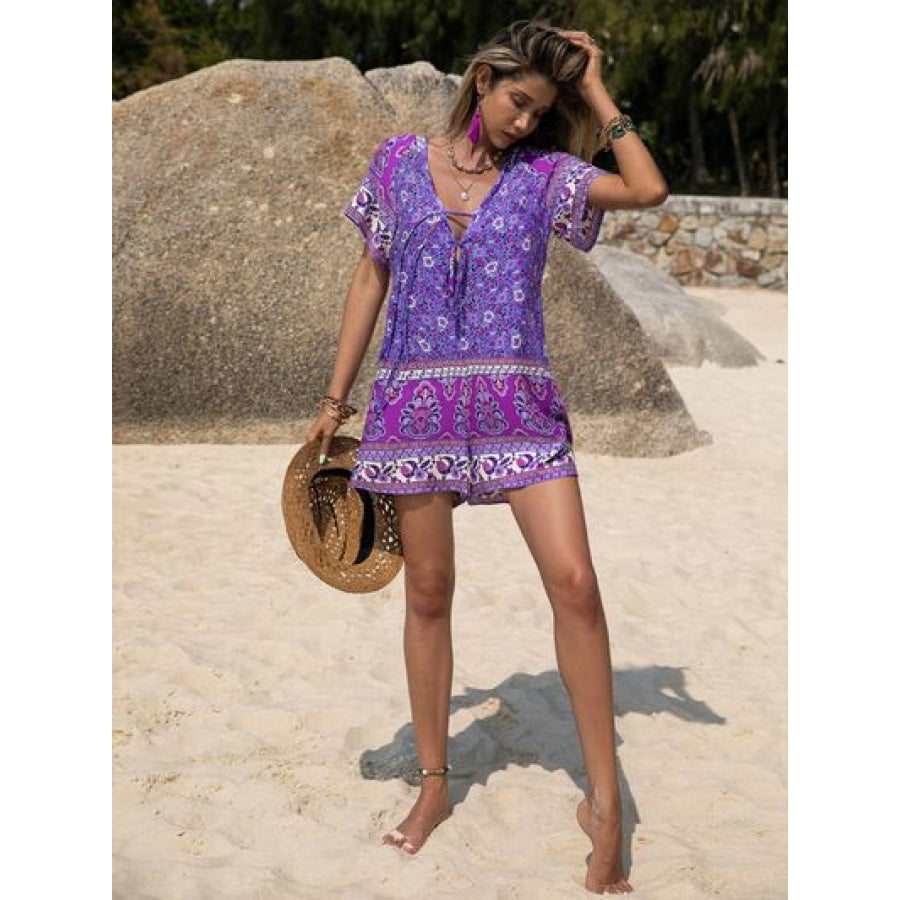 Tied Printed Short Sleeve Romper Apparel and Accessories