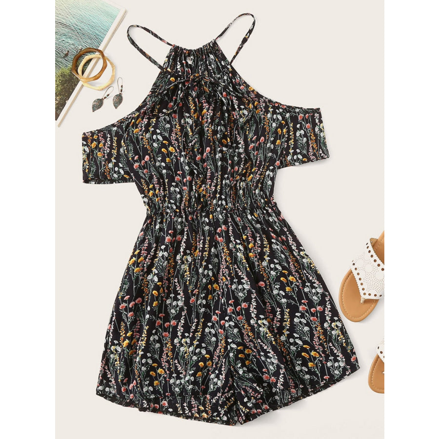 Tied Printed Short Sleeve Romper Black / S Apparel and Accessories