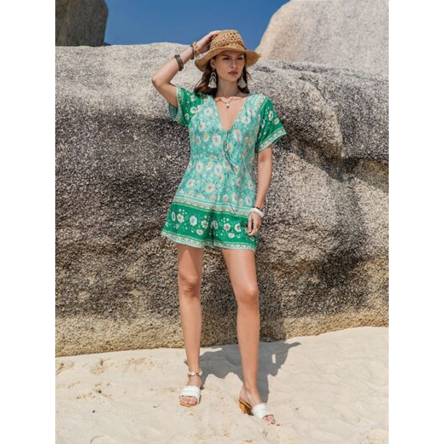 Tied Printed Short Sleeve Romper Gum Leaf / S Apparel and Accessories