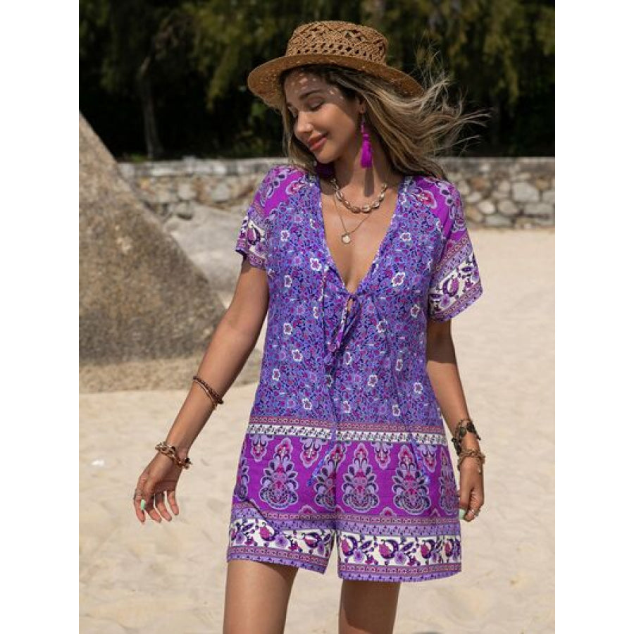 Tied Printed Short Sleeve Romper Purple / S Apparel and Accessories