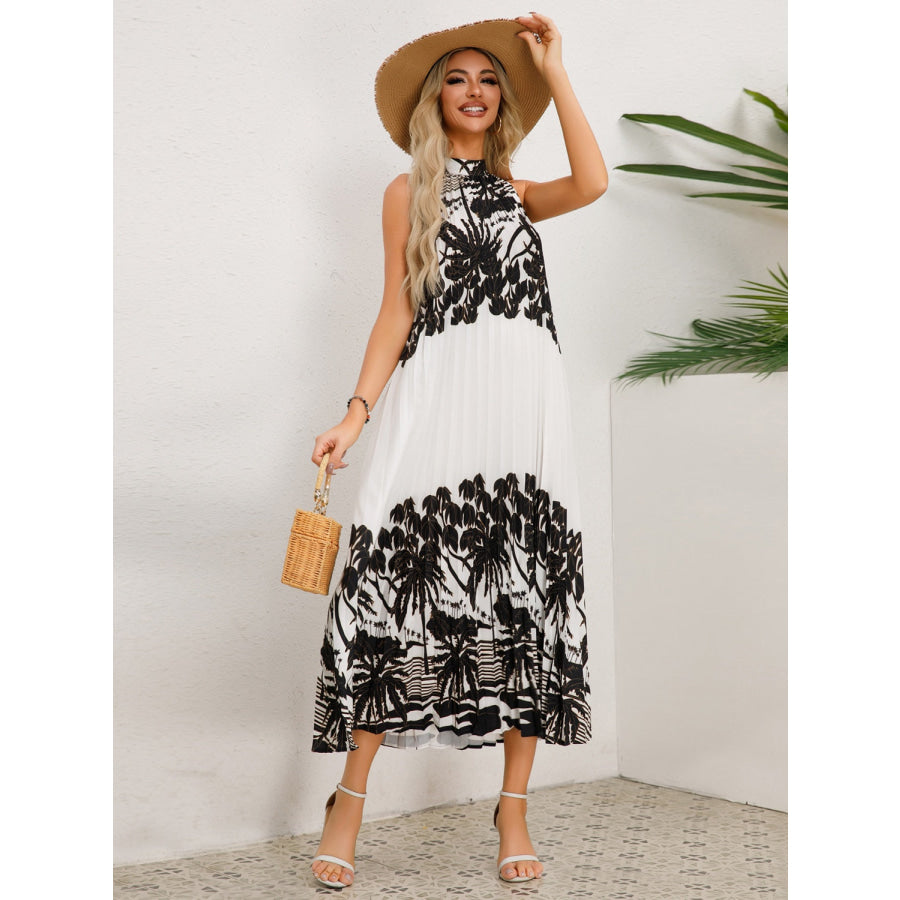 Tied Printed Sleeveless Midi Dress Black / S Apparel and Accessories