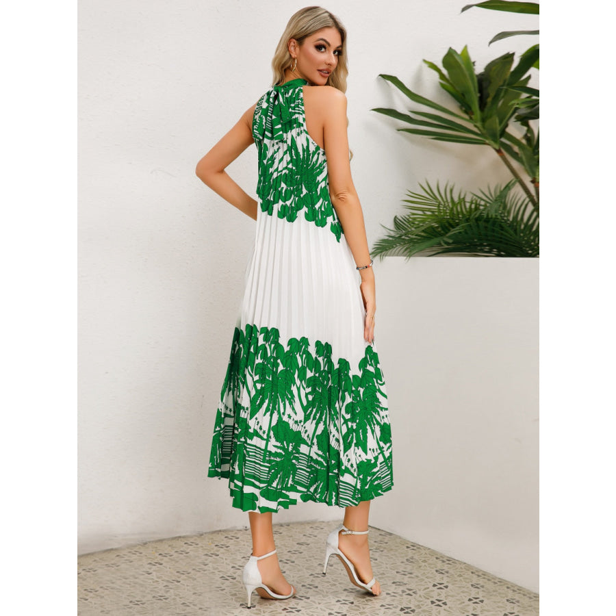Tied Printed Sleeveless Midi Dress Green / S Apparel and Accessories