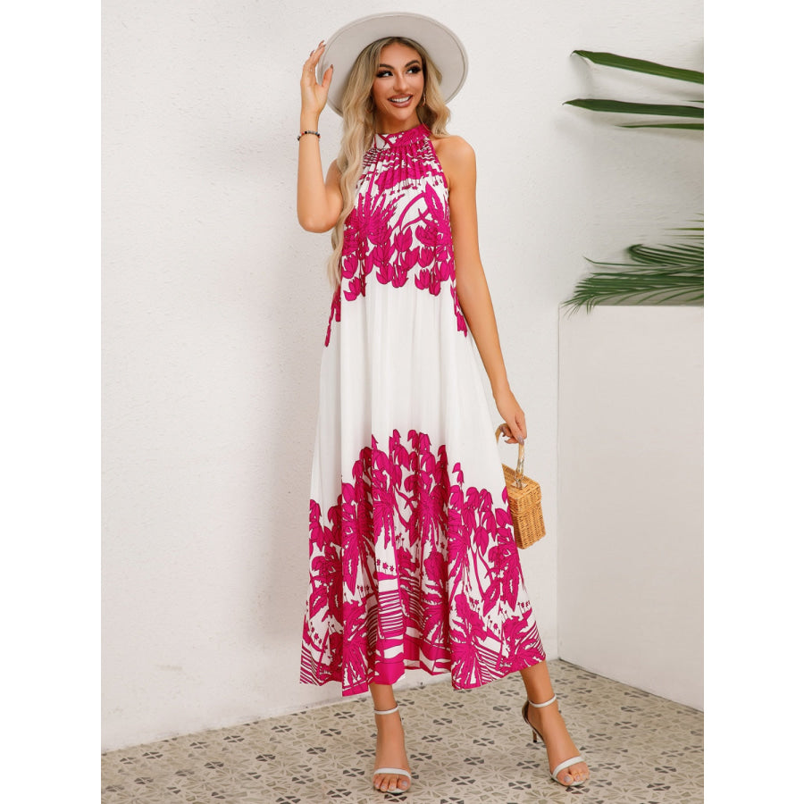 Tied Printed Sleeveless Midi Dress Hot Pink / S Apparel and Accessories