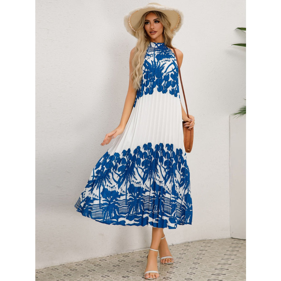Tied Printed Sleeveless Midi Dress Royal Blue / S Apparel and Accessories