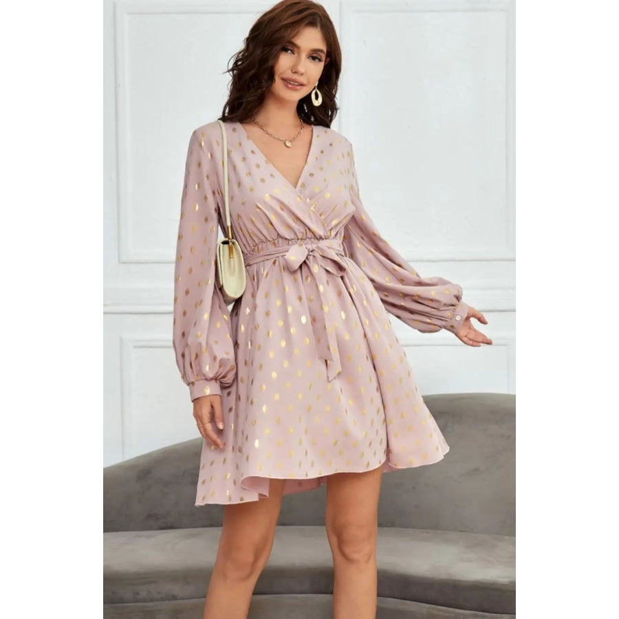 Tied Printed Surplice Long Sleeve Dress Peach / S Apparel and Accessories