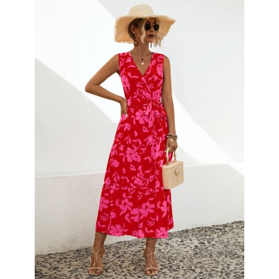 Tied Printed Surplice Tiered Dress Deep Rose / S Apparel and Accessories