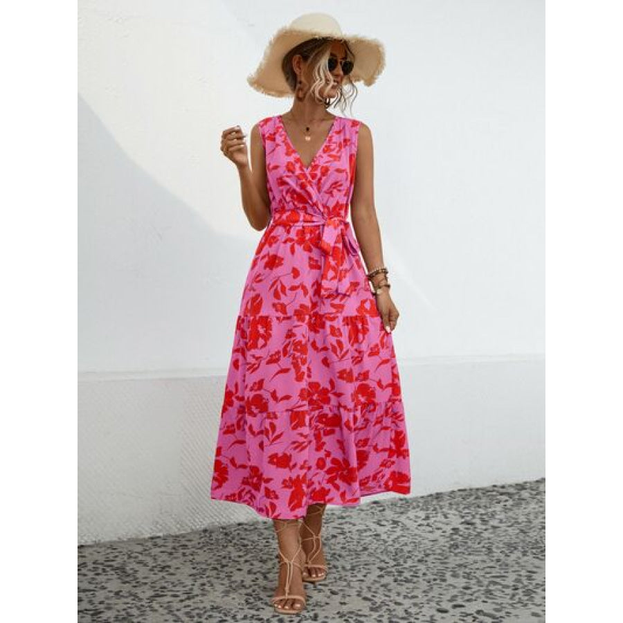 Tied Printed Surplice Tiered Dress Hot Pink / S Apparel and Accessories