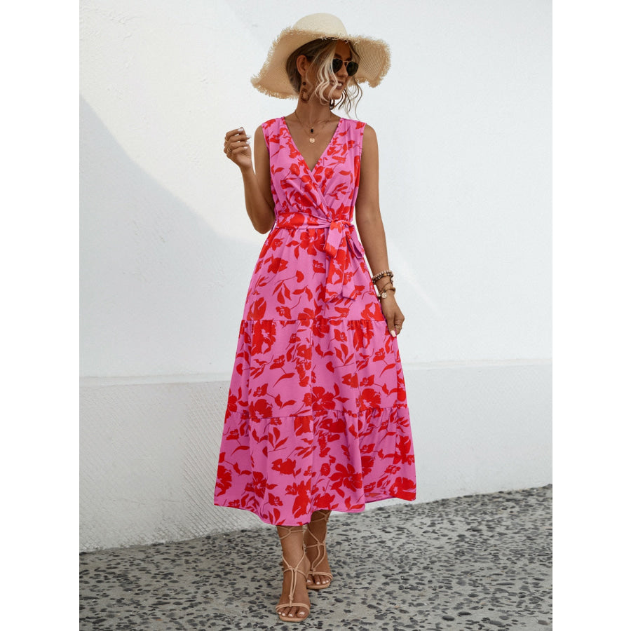 Tied Printed Surplice Tiered Dress Hot Pink / XL Apparel and Accessories