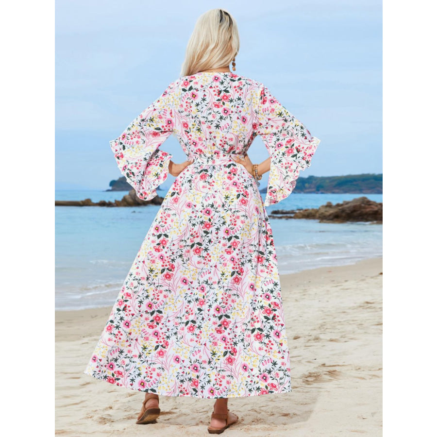 Tied Printed Three-Quarter Sleeve Midi Dress Floral / S Apparel and Accessories