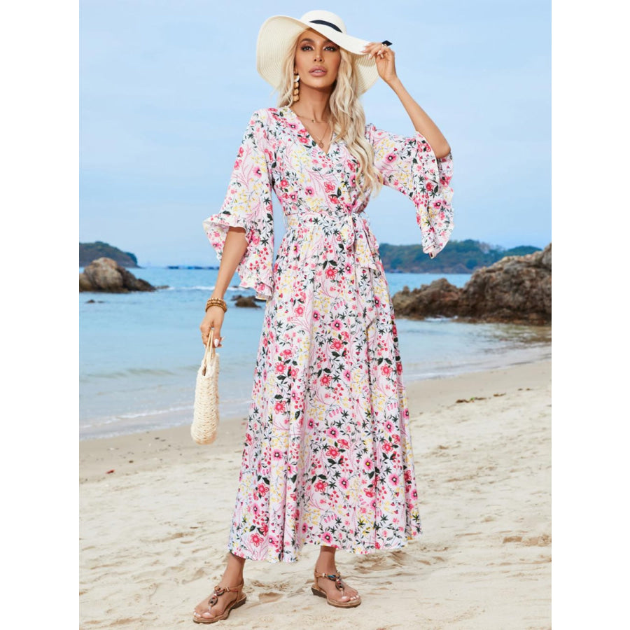 Tied Printed Three-Quarter Sleeve Midi Dress Floral / S Apparel and Accessories