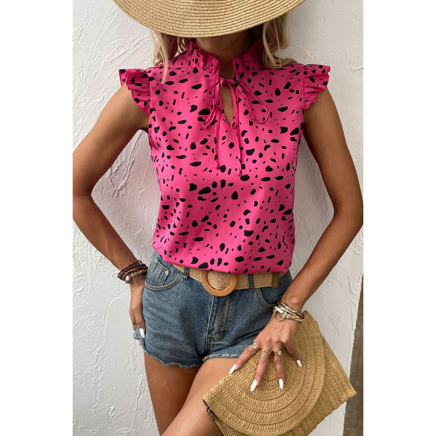 Tied Printed Tie Neck Cap Sleeve Blouse Cerise / S Apparel and Accessories