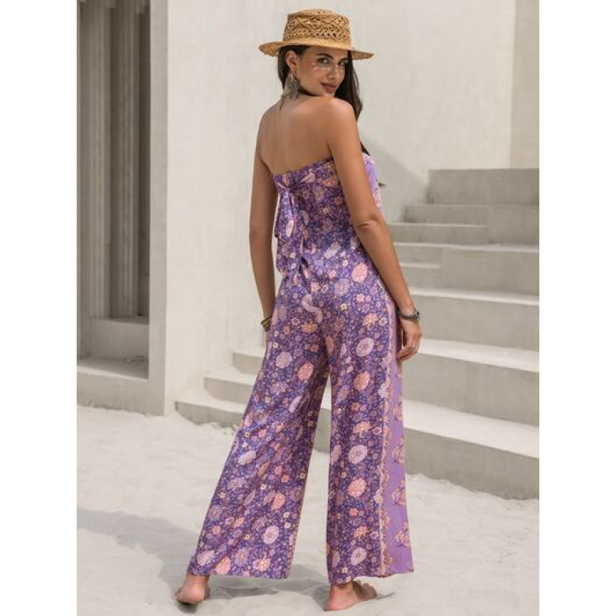 Tied Printed Tube Wide Leg Jumpsuit Lilac / S Apparel and Accessories