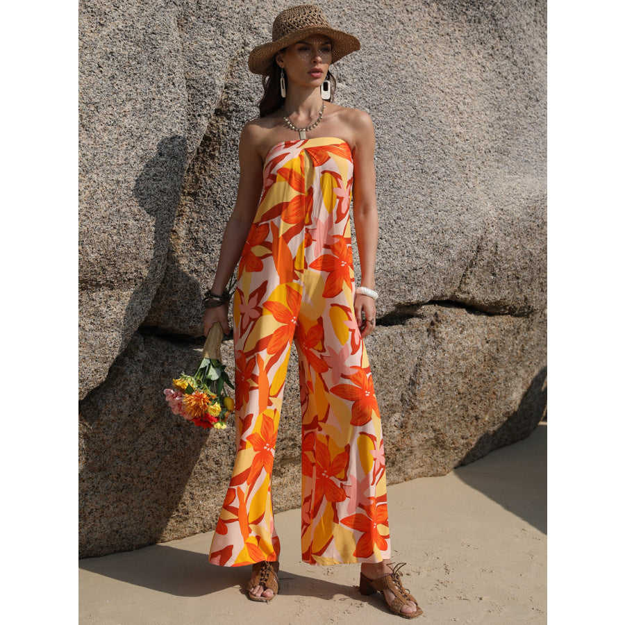 Tied Printed Tube Wide Leg Jumpsuit Apparel and Accessories