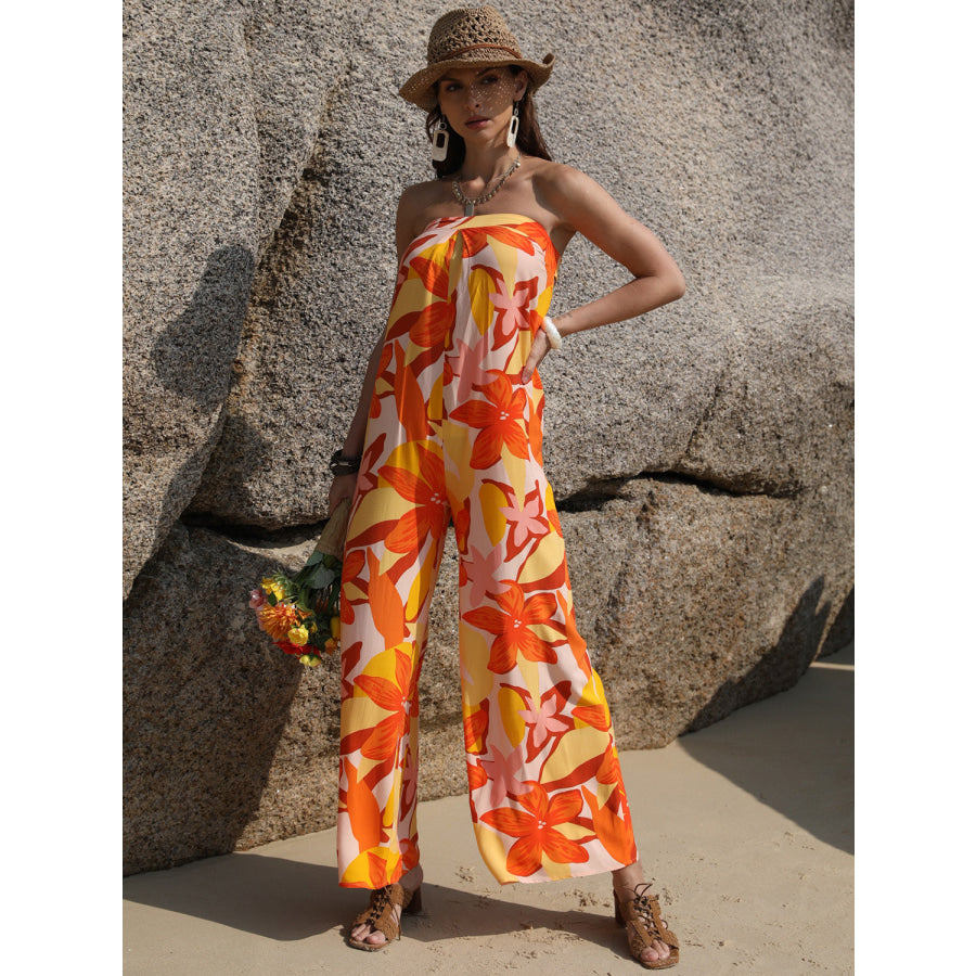 Tied Printed Tube Wide Leg Jumpsuit Apparel and Accessories