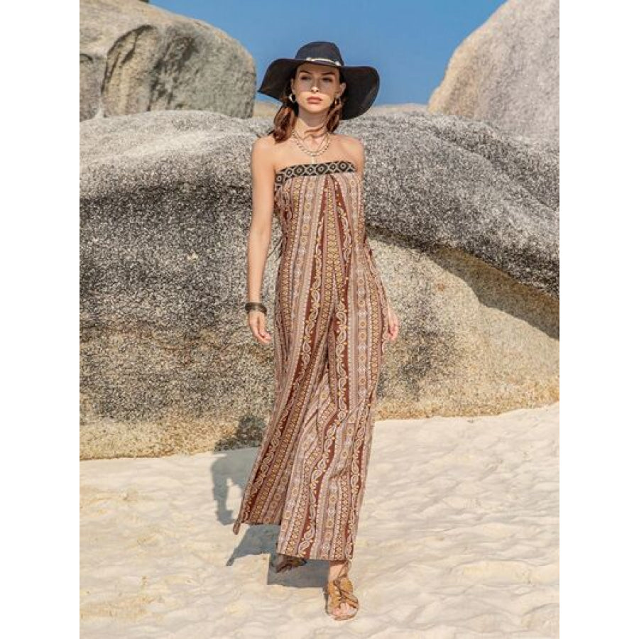 Tied Printed Tube Wide Leg Jumpsuit Apparel and Accessories
