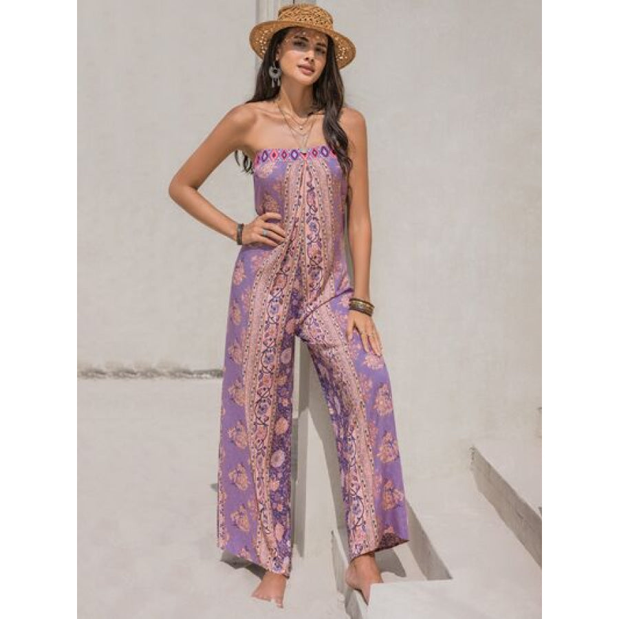 Tied Printed Tube Wide Leg Jumpsuit Apparel and Accessories