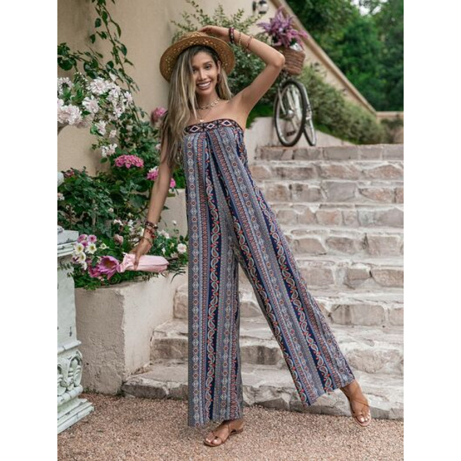 Tied Printed Tube Wide Leg Jumpsuit Apparel and Accessories