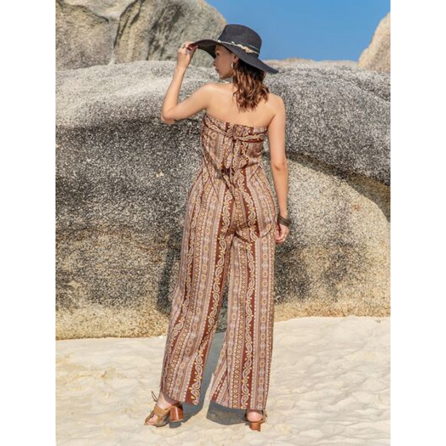 Tied Printed Tube Wide Leg Jumpsuit Apparel and Accessories