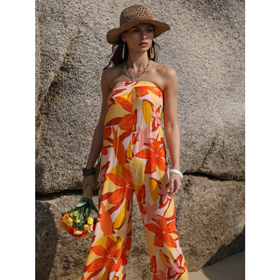Tied Printed Tube Wide Leg Jumpsuit Tangerine / S Apparel and Accessories