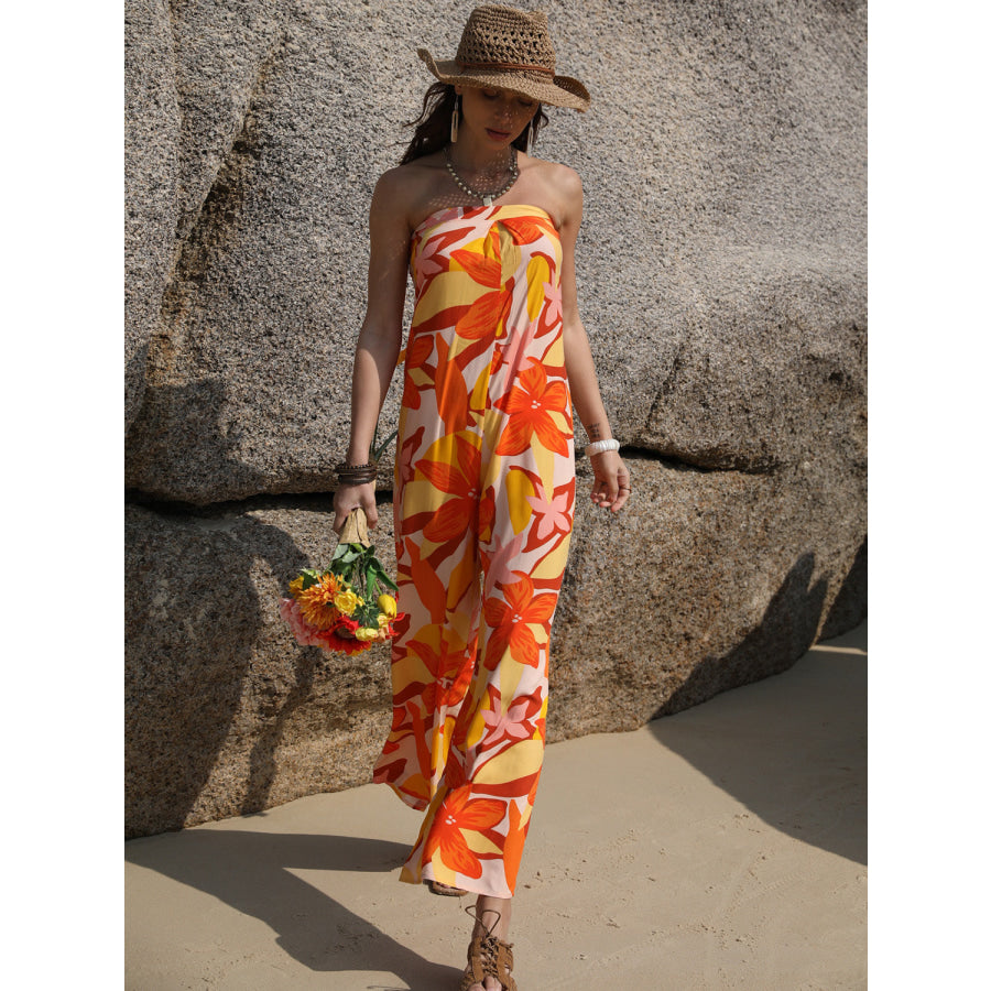 Tied Printed Tube Wide Leg Jumpsuit Apparel and Accessories