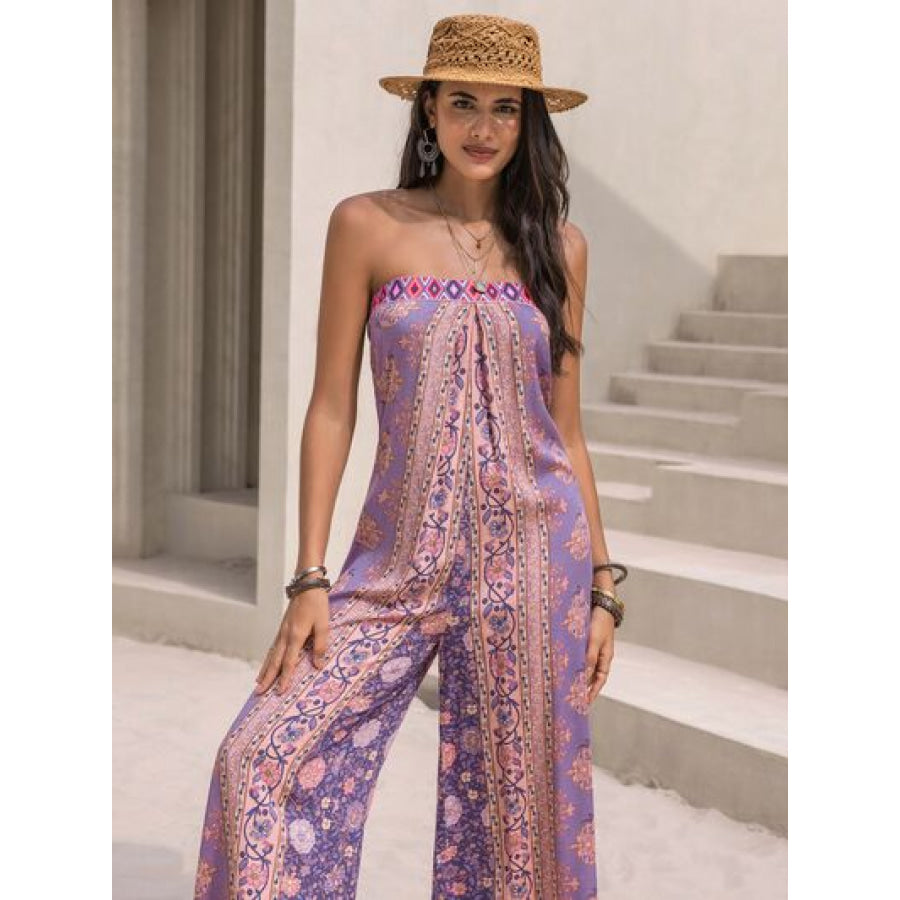 Tied Printed Tube Wide Leg Jumpsuit Apparel and Accessories