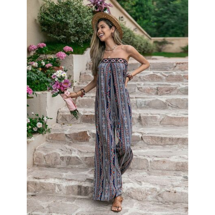 Tied Printed Tube Wide Leg Jumpsuit Apparel and Accessories