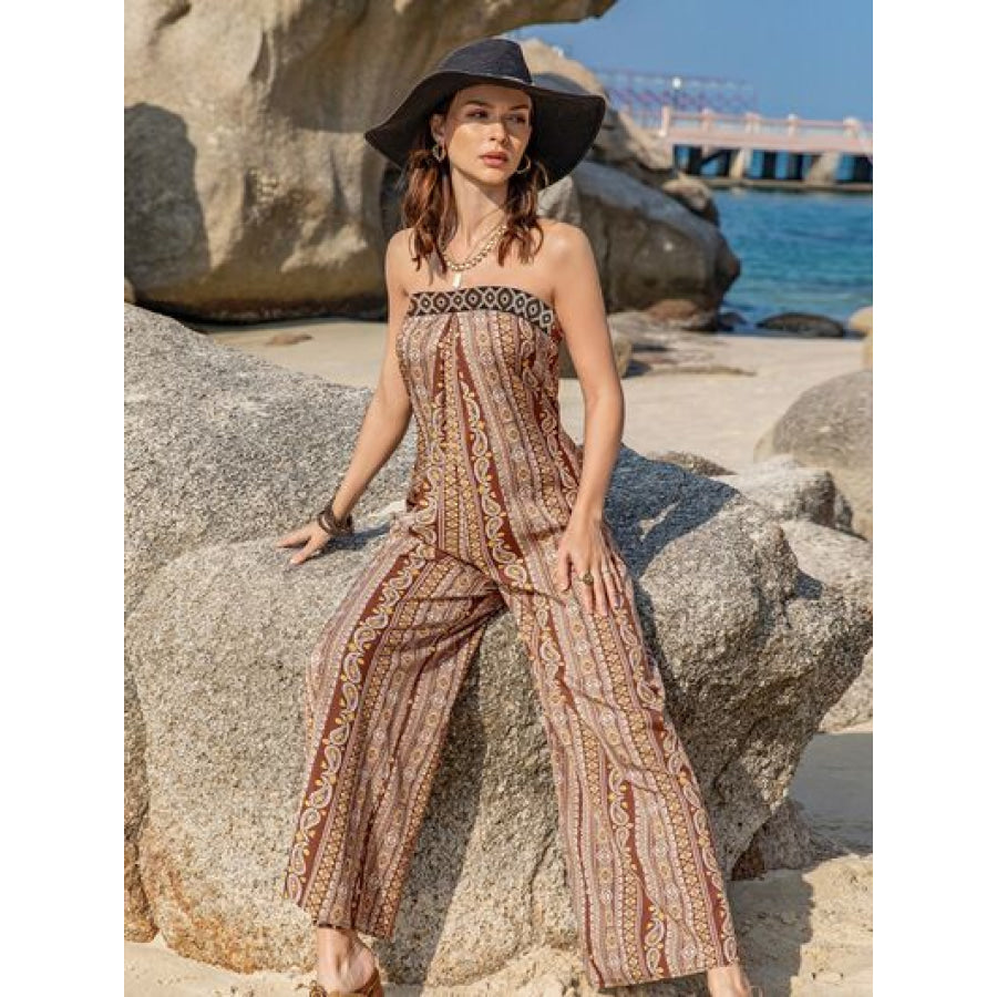 Tied Printed Tube Wide Leg Jumpsuit Apparel and Accessories