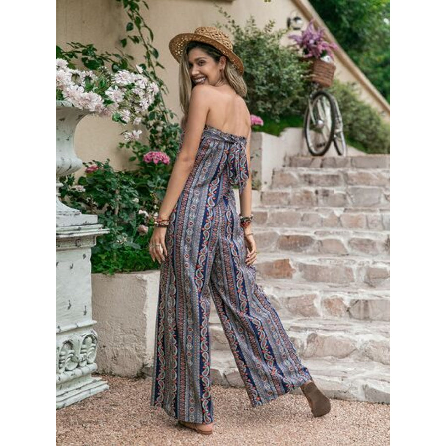 Tied Printed Tube Wide Leg Jumpsuit Apparel and Accessories