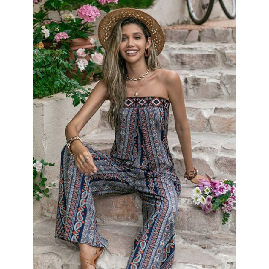 Tied Printed Tube Wide Leg Jumpsuit Apparel and Accessories