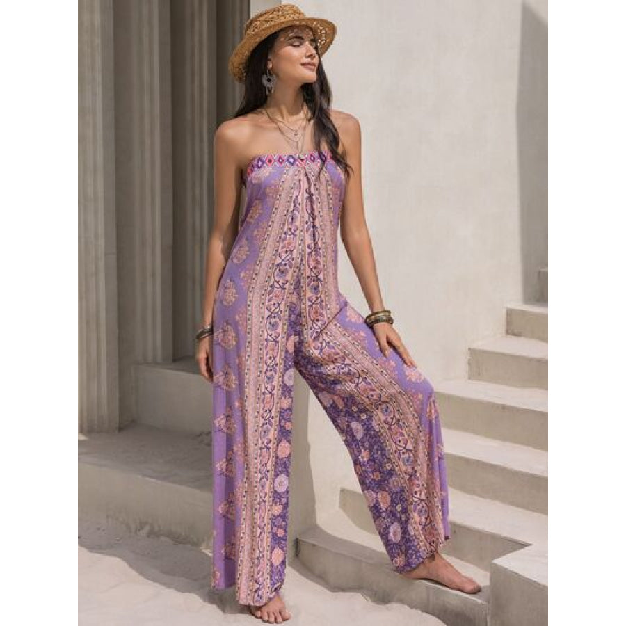 Tied Printed Tube Wide Leg Jumpsuit Apparel and Accessories