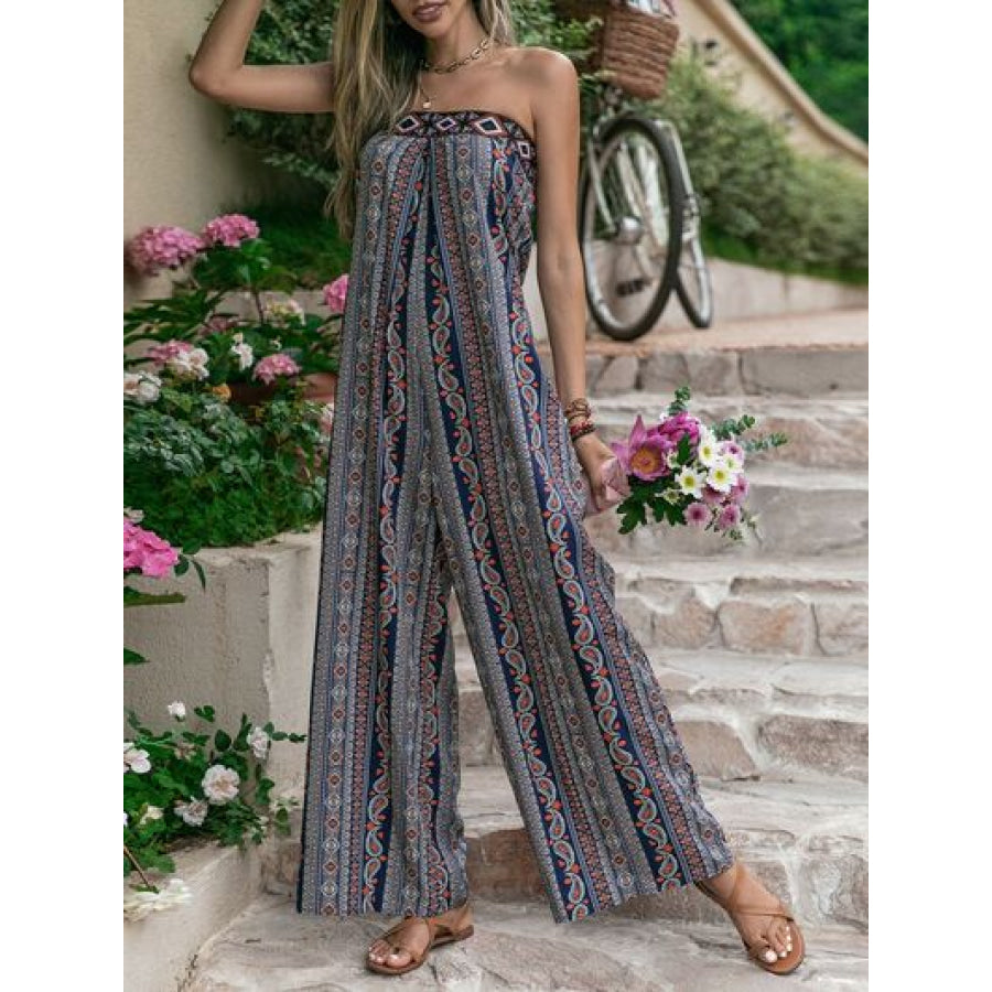 Tied Printed Tube Wide Leg Jumpsuit Black / S Apparel and Accessories