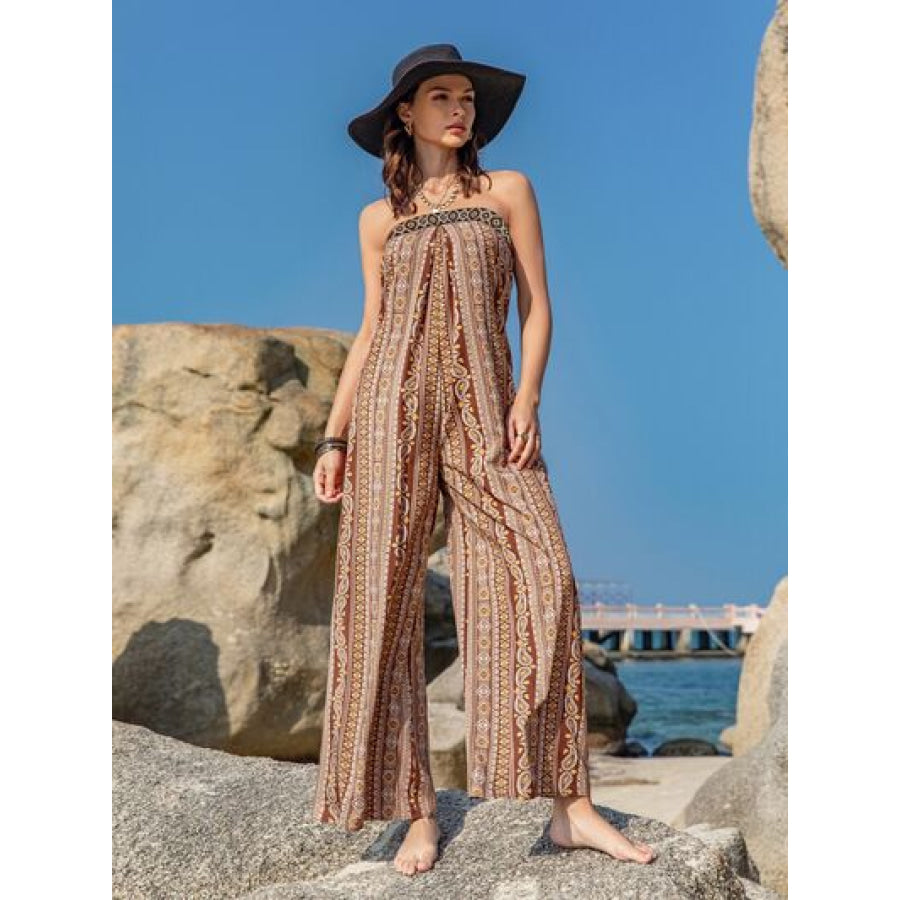 Tied Printed Tube Wide Leg Jumpsuit Camel / S Apparel and Accessories