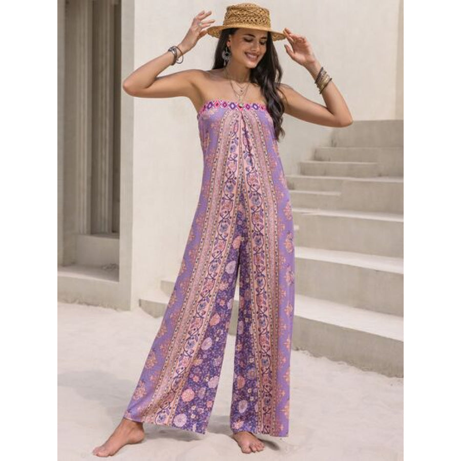 Tied Printed Tube Wide Leg Jumpsuit Lilac / S Apparel and Accessories