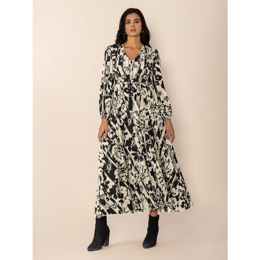 Tied Printed V-Neck Long Sleeve Midi Dress Apparel and Accessories