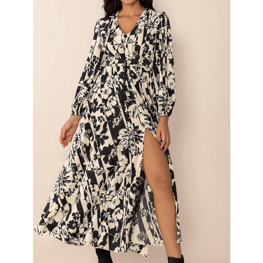 Tied Printed V-Neck Long Sleeve Midi Dress Apparel and Accessories