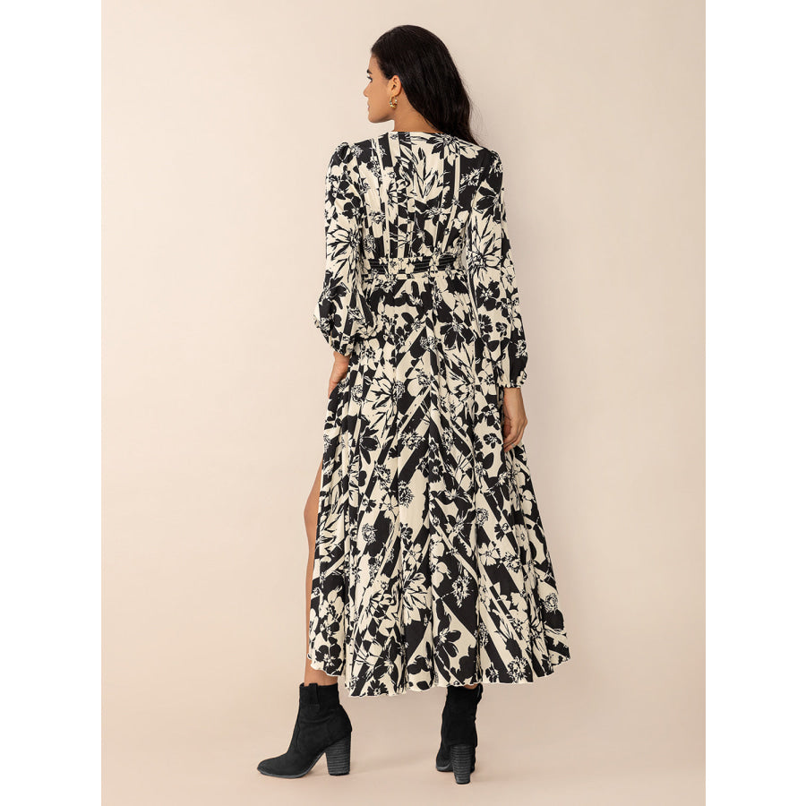 Tied Printed V-Neck Long Sleeve Midi Dress Apparel and Accessories