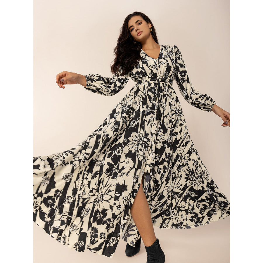 Tied Printed V-Neck Long Sleeve Midi Dress Apparel and Accessories