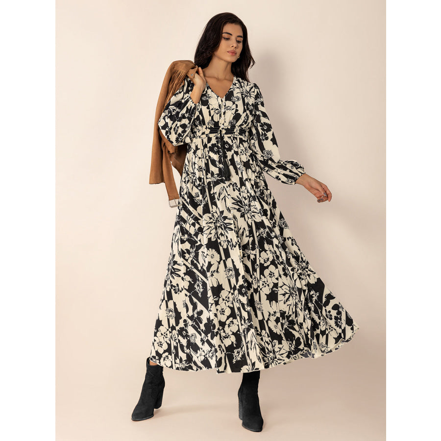 Tied Printed V-Neck Long Sleeve Midi Dress Apparel and Accessories