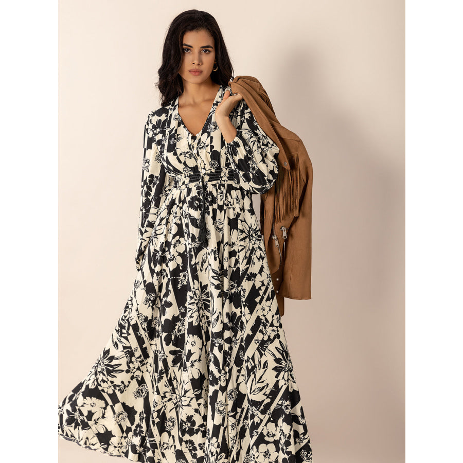 Tied Printed V-Neck Long Sleeve Midi Dress Apparel and Accessories