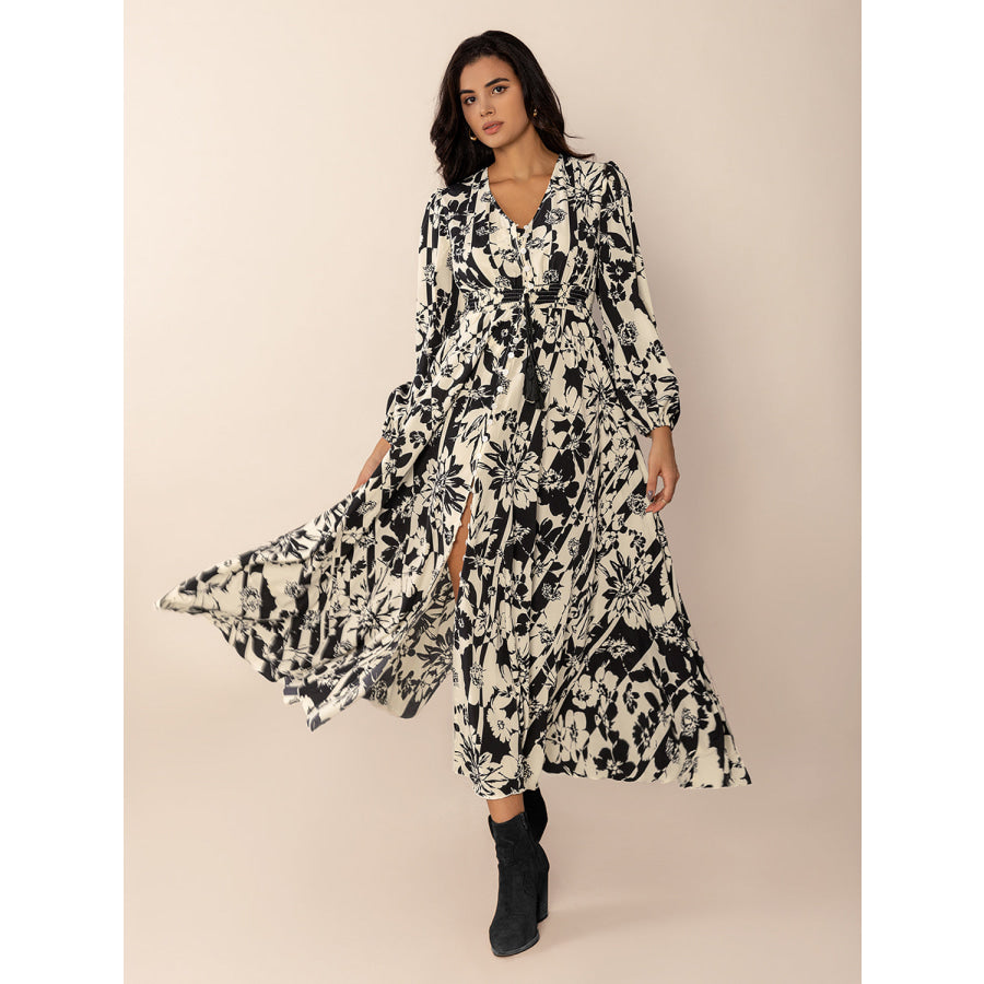 Tied Printed V-Neck Long Sleeve Midi Dress Apparel and Accessories