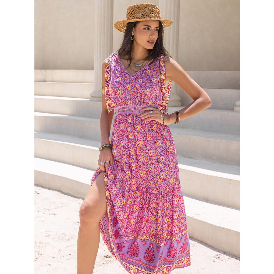 Tied Printed V-Neck Sleeveless Dress Fuchsia Pink / S Apparel and Accessories