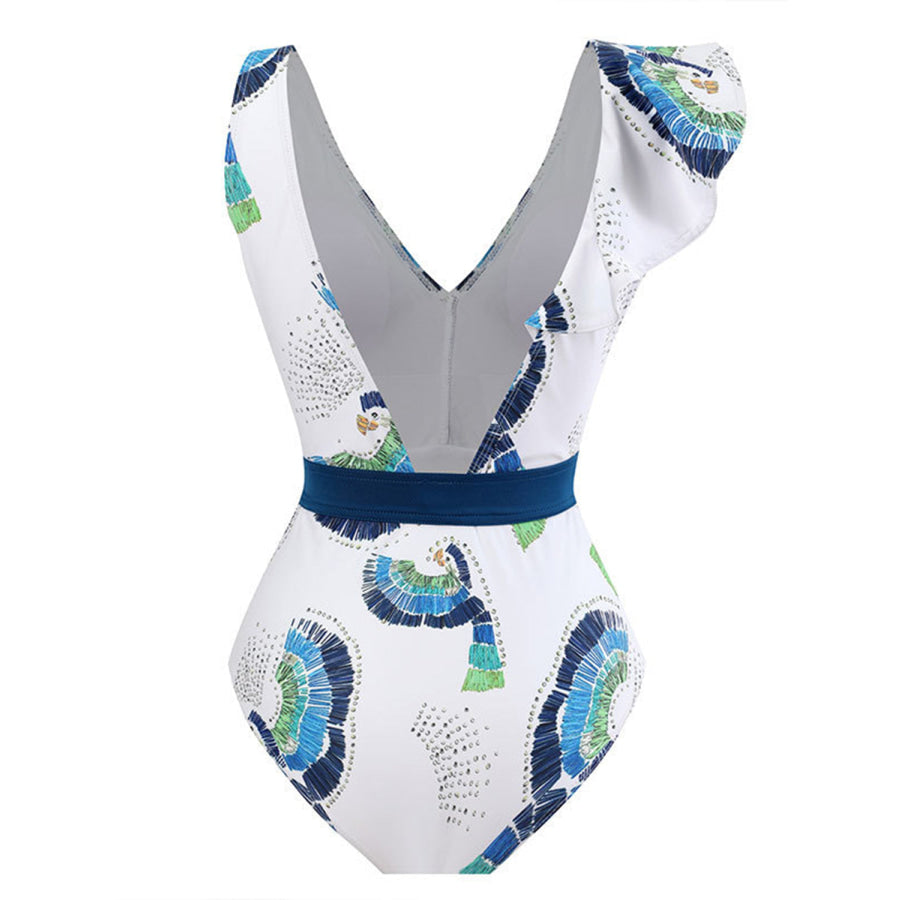 Tied Printed V - Neck Sleeveless One - Piece Swimwear Apparel and Accessories