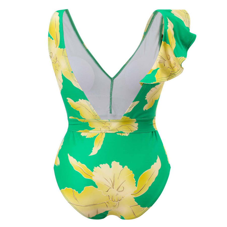 Tied Printed V - Neck Sleeveless One - Piece Swimwear Mid Green / S Apparel and Accessories