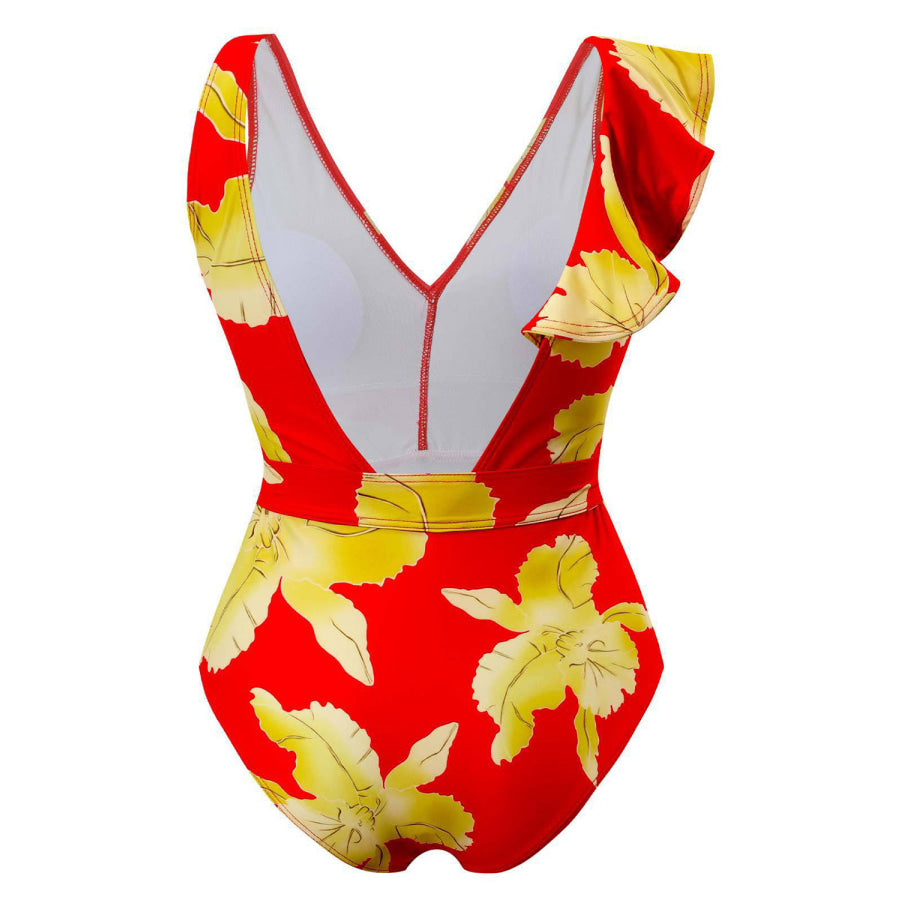 Tied Printed V - Neck Sleeveless One - Piece Swimwear Apparel and Accessories