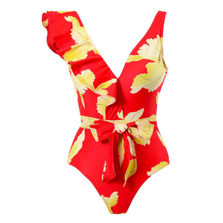 Tied Printed V - Neck Sleeveless One - Piece Swimwear Red / S Apparel and Accessories